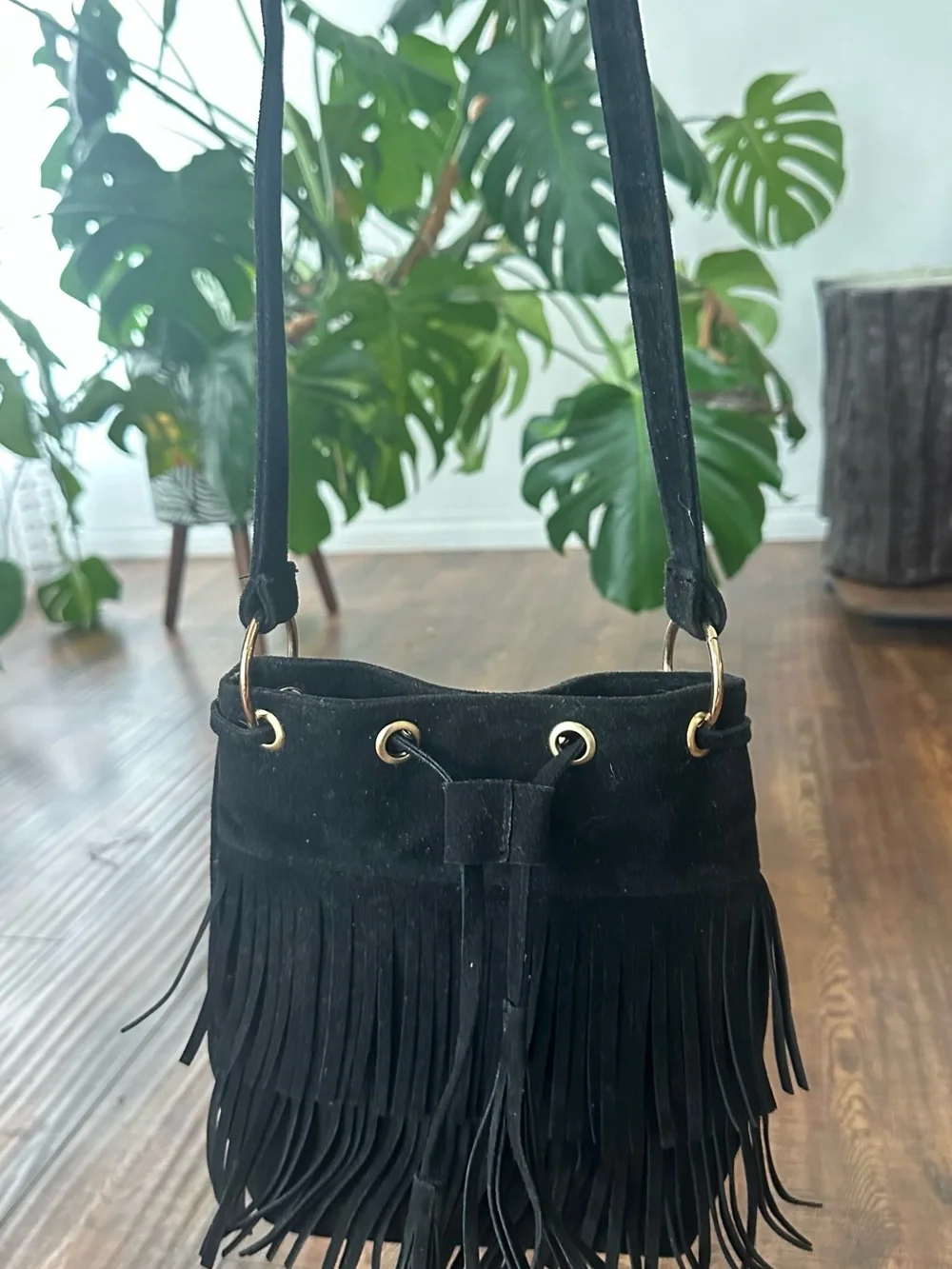Vintage Black Suede Fringe Crossbody Bag
